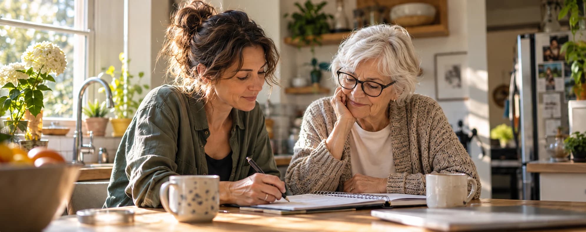 A woman and an older woman looking through a notebook together at a sunlit kitchen table.